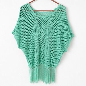 Aqua Open Knit Boho Sweater With Fringe Hem Short Sleeved